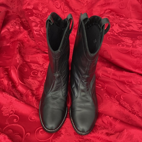 TicTacToes Black Leather Cowboy Boots Size 7 1/2 N Round Toe 3 1/2” Heel Women’s - Picture 2 of 5